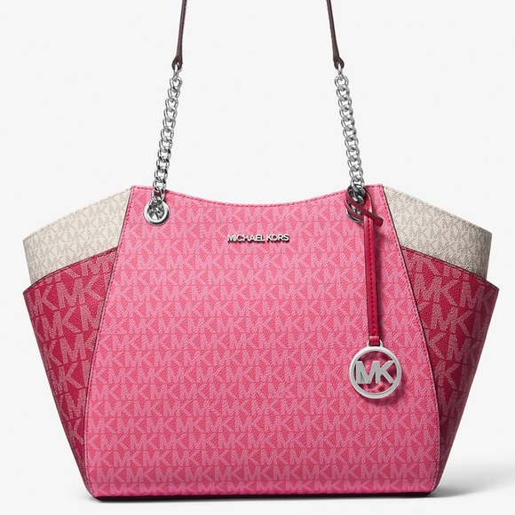Michael Kors LG Jet Set Color-Block Signature Logo Shoulder Bag Dark Raspberry - Picture 1 of 11